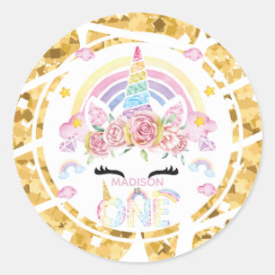 Unicorn Glitzer Gold Personalisiert erster Geburts Runder Aufkleber