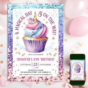 Unicorn Glitzer Regenbogen Cupcake   8. Geburtstag Einladung