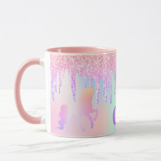 Unicorn-Glitzer Regenbogen-Rosa Monogramm holograf Tasse (Links)