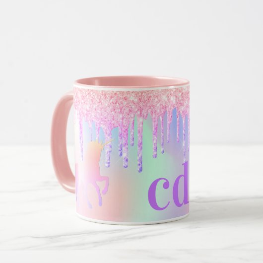 Unicorn-Glitzer Regenbogen-Rosa Monogramm holograf Tasse (Vorderseite Links)