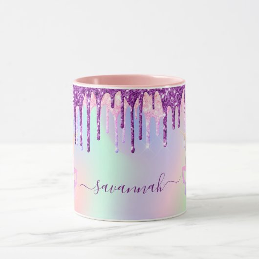 Unicorn-Glitzer Regenbogen-Rosa Monogramm holograf Tasse (Zentrum)