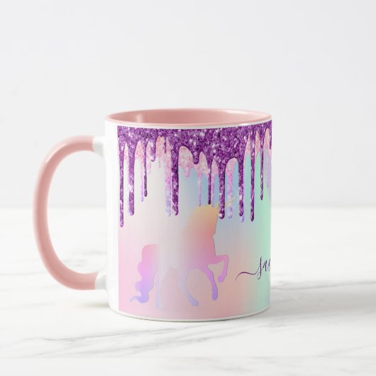 Unicorn-Glitzer Regenbogen-Rosa Monogramm holograf Tasse (Links)