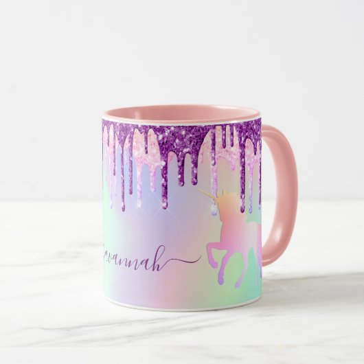 Unicorn-Glitzer Regenbogen-Rosa Monogramm holograf Tasse (VorderseiteRechts)