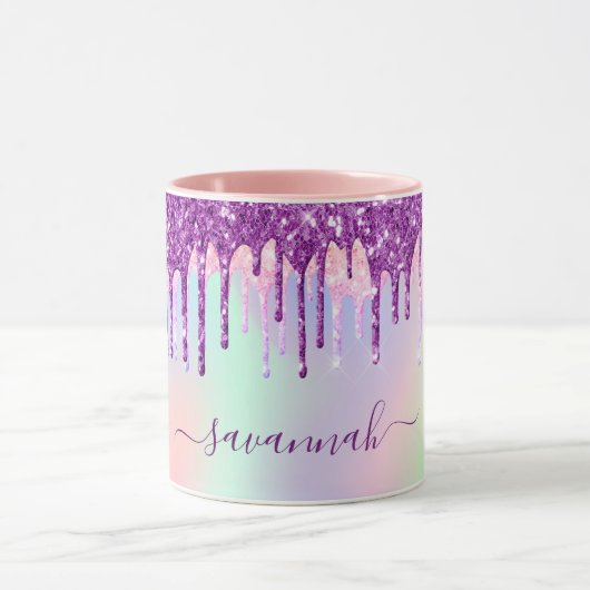 Unicorn-Glitzer Regenbogen-Rosa Monogramm holograf Tasse (Zentrum)