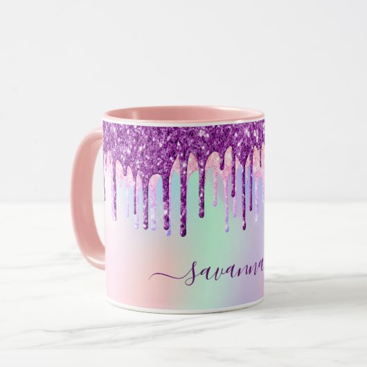 Unicorn-Glitzer Regenbogen-Rosa Monogramm holograf Tasse (Vorderseite Links)