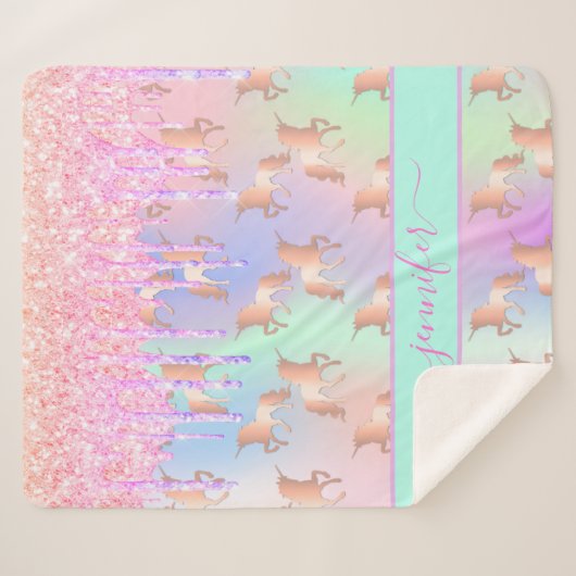 Unicorn Glitzer Regenbogen Rosa Namensskript Sherpadecke (Vorderseite (Horizontal))
