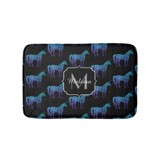 Unicorn Glitzern Aqua-blaues Omermuster Monogram Badematte (Vorderseite)
