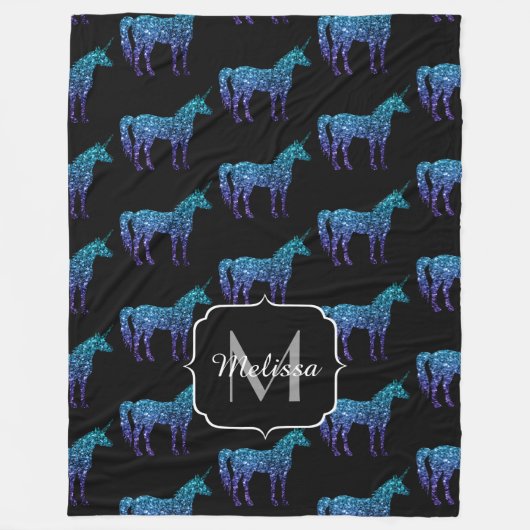 Unicorn Glitzern Aqua-blaues Omermuster Monogram Fleecedecke (Vorderseite)