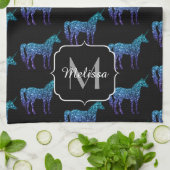 Unicorn Glitzern Aqua-blaues Omermuster Monogram Geschirrtuch (Gefaltet)