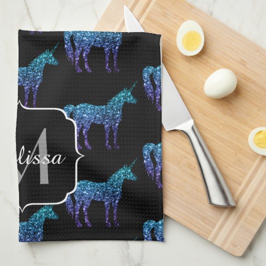 Unicorn Glitzern Aqua-blaues Omermuster Monogram Geschirrtuch (Viertel Falte)