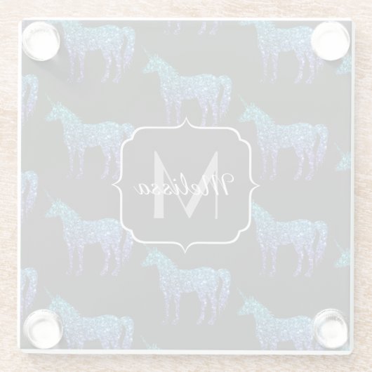 Unicorn Glitzern Aqua-blaues Omermuster Monogram Glasuntersetzer (Rückseite)