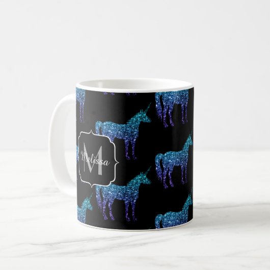 Unicorn Glitzern Aqua-blaues Omermuster Monogram Kaffeetasse (Vorderseite Links)