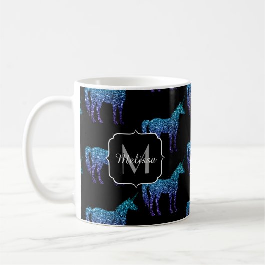 Unicorn Glitzern Aqua-blaues Omermuster Monogram Kaffeetasse (Links)