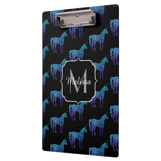 Unicorn Glitzern Aqua-blaues Omermuster Monogram Klemmbrett (Links)