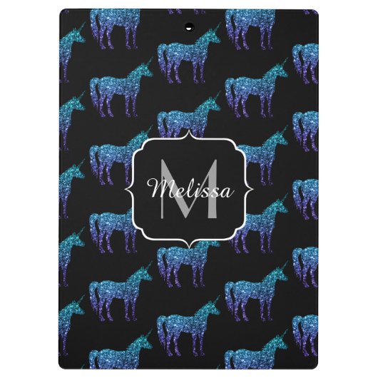 Unicorn Glitzern Aqua-blaues Omermuster Monogram Klemmbrett (Rückseite)