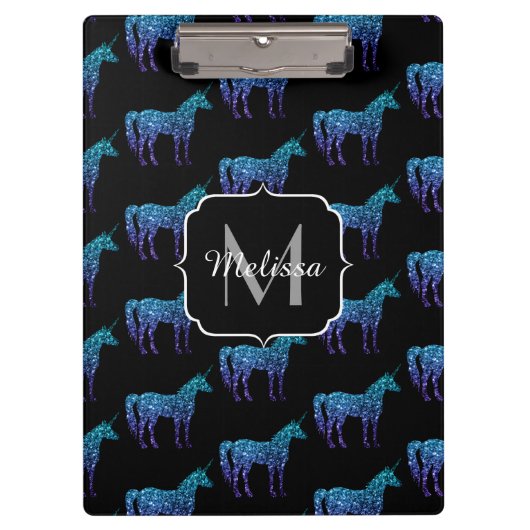 Unicorn Glitzern Aqua-blaues Omermuster Monogram Klemmbrett (Vorderseite)