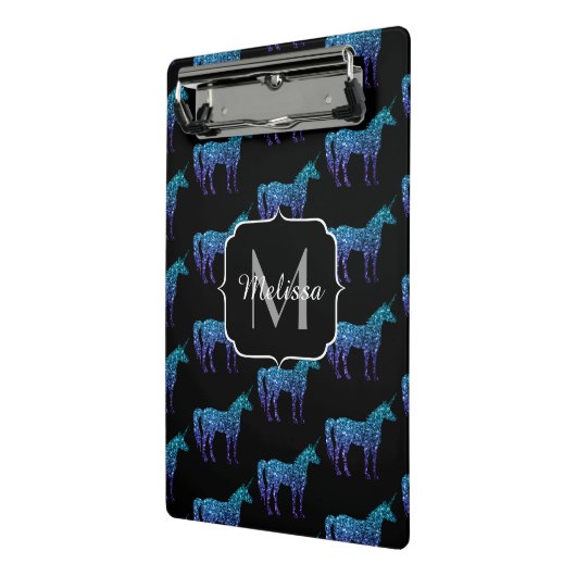 Unicorn Glitzern Aqua-blaues Omermuster Monogram Mini Klemmbrett (Gewinkelt2)
