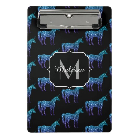 Unicorn Glitzern Aqua-blaues Omermuster Monogram Mini Klemmbrett (Vorderseite)