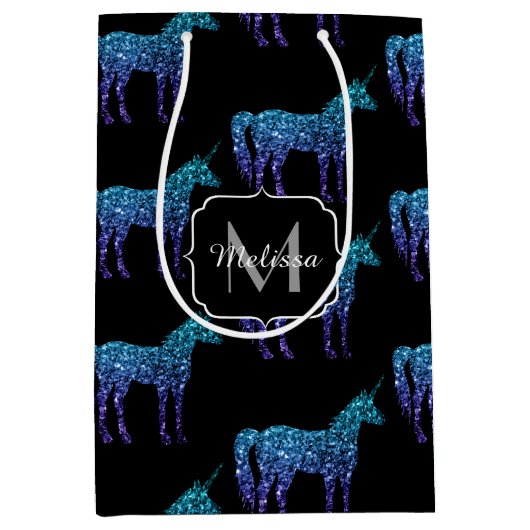 Unicorn Glitzern Aqua-blaues Omermuster Monogram Mittlere Geschenktüte (Vorderseite)