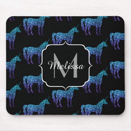 Unicorn Glitzern Aqua-blaues Omermuster Monogram Mousepad (Vorne)