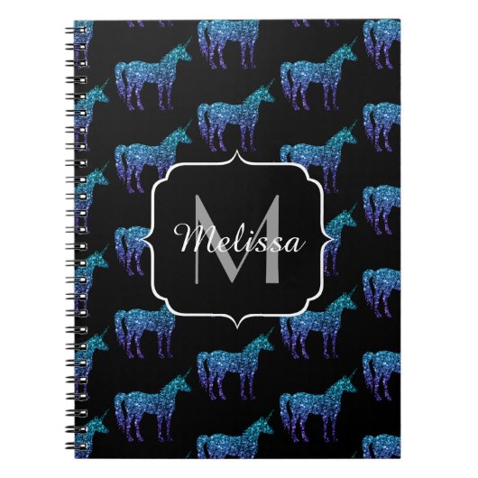 Unicorn Glitzern Aqua-blaues Omermuster Monogram Notizblock (Vorderseite)