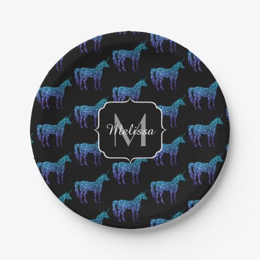 Unicorn Glitzern Aqua-blaues Omermuster Monogram Pappteller (Vorderseite)