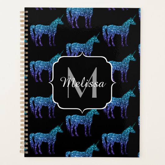 Unicorn Glitzern Aqua-blaues Omermuster Monogram Planer (Vorderseite)