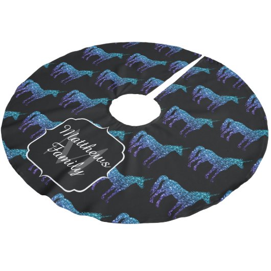 Unicorn Glitzern Aqua-blaues Omermuster Monogram Polyester Weihnachtsbaumdecke (Schrägansicht)