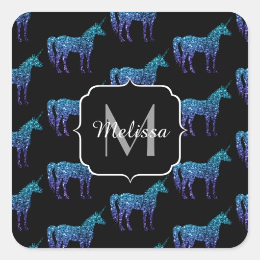 Unicorn Glitzern Aqua-blaues Omermuster Monogram Quadratischer Aufkleber (Vorderseite)