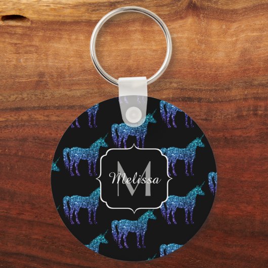 Unicorn Glitzern Aqua-blaues Omermuster Monogram Schlüsselanhänger (Vorderseite)