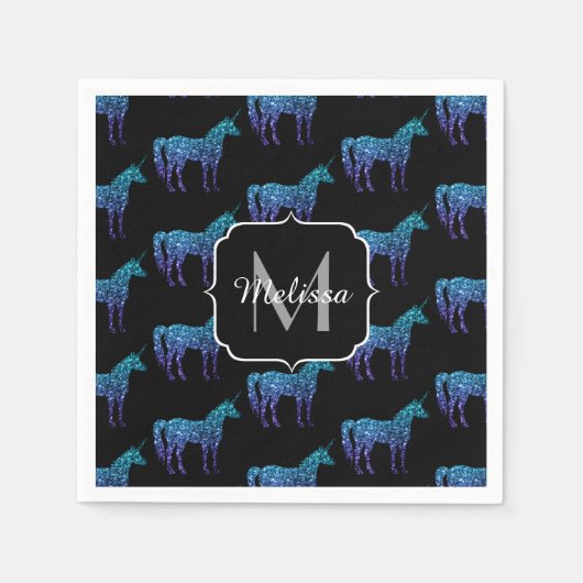 Unicorn Glitzern Aqua-blaues Omermuster Monogram Serviette (Vorderseite)