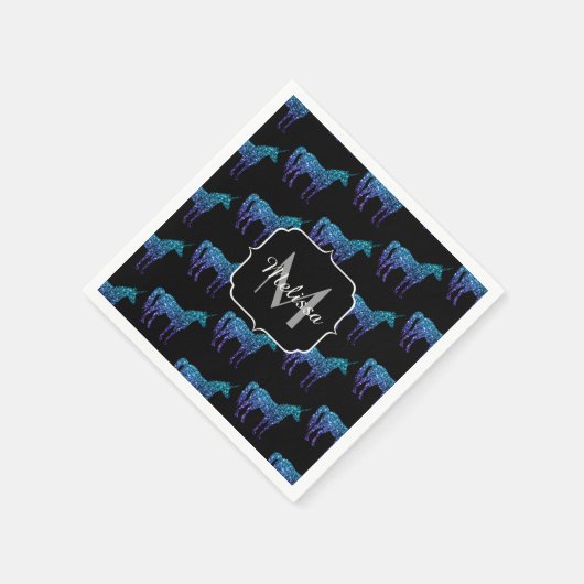 Unicorn Glitzern Aqua-blaues Omermuster Monogram Serviette (Ecke)