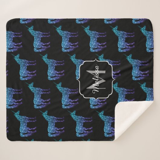 Unicorn Glitzern Aqua-blaues Omermuster Monogram Sherpadecke (Vorderseite (Horizontal))
