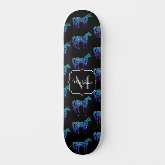 Unicorn Glitzern Aqua-blaues Omermuster Monogram Skateboard (Vorderseite)
