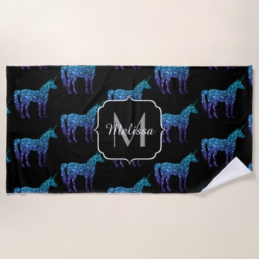Unicorn Glitzern Aqua-blaues Omermuster Monogram Strandtuch (Vorderseite)