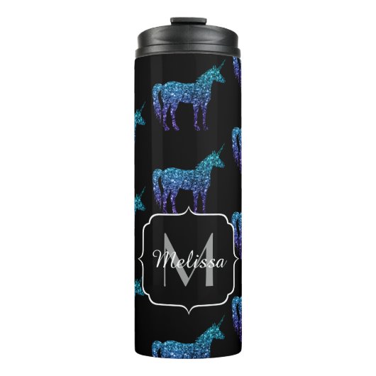 Unicorn Glitzern Aqua-blaues Omermuster Monogram Thermosbecher (Vorderseite)