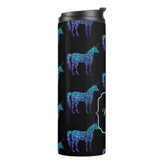 Unicorn Glitzern Aqua-blaues Omermuster Monogram Thermosbecher (Nach links gedreht)