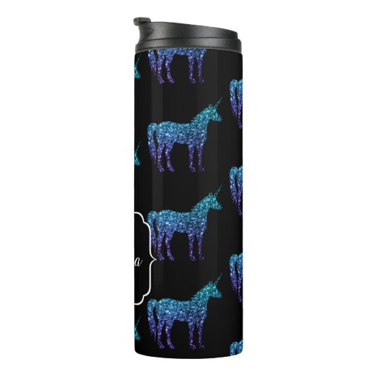 Unicorn Glitzern Aqua-blaues Omermuster Monogram Thermosbecher (Nach rechts gedreht)
