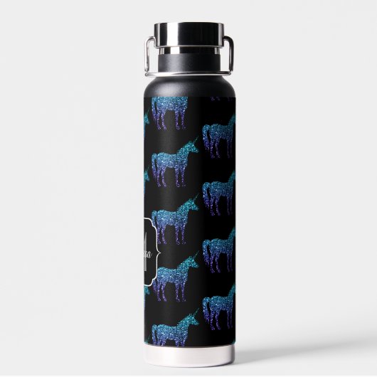 Unicorn Glitzern Aqua-blaues Omermuster Monogram Trinkflasche (Rückseite)