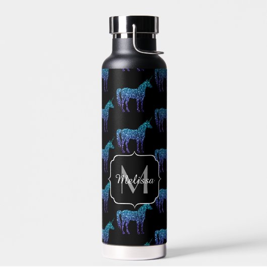 Unicorn Glitzern Aqua-blaues Omermuster Monogram Trinkflasche (Links)