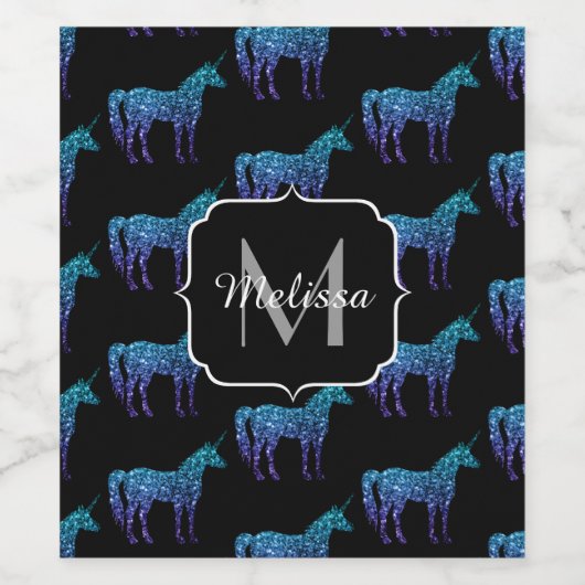 Unicorn Glitzern Aqua-blaues Omermuster Monogram Weinetikett (Einzelnes Label)