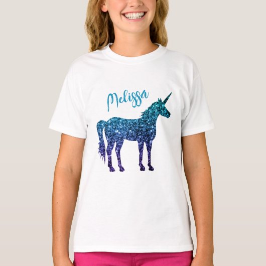 Unicorn Glitzern aqua blue ombre Ihr Name T-Shirt (Vorderseite)