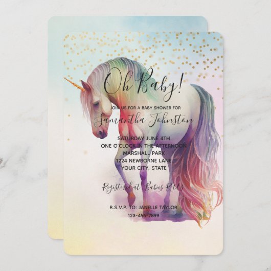 Unicorn Gold Confetti Sparkle Baby Dusche Einladung (Vorne/Hinten)