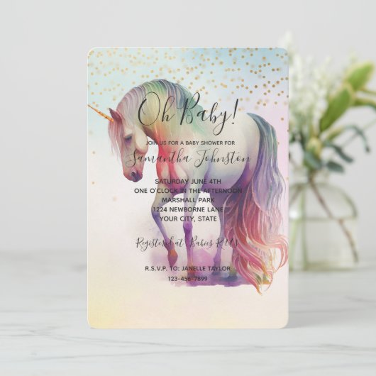 Unicorn Gold Confetti Sparkle Baby Dusche Einladung (Stehend Vorderseite)