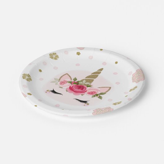 Unicorn Gold Pink Blütenblüten Niedlich Trendy Par Pappteller (Schrägansicht)