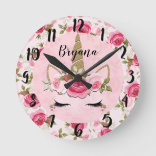 Unicorn Gold Pink Floral Roses Trendy Bedroom Runde Wanduhr