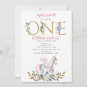 Unicorn-GoldGlitzer-erster Geburtstag Einladung (Vorderseite)