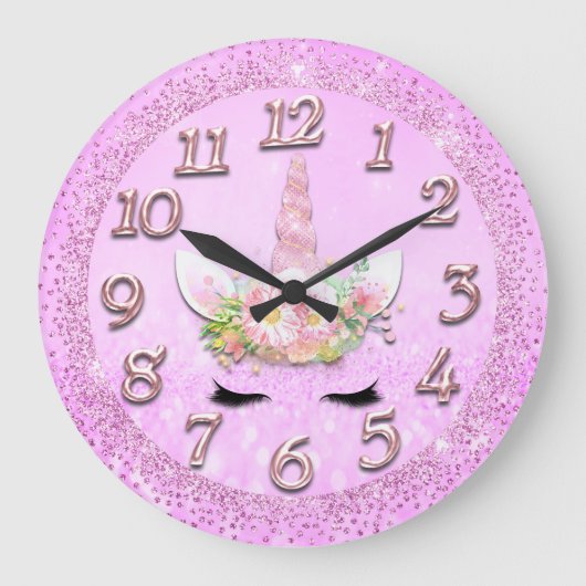 Unicorn-Goldpeitschen-Zahl-Girly Große Wanduhr (Vorderseite)