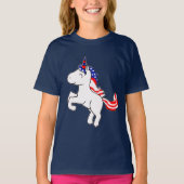 Unicorn Grey Patriotic USA Flag Cartoon Girls T-Shirt (Vorderseite)