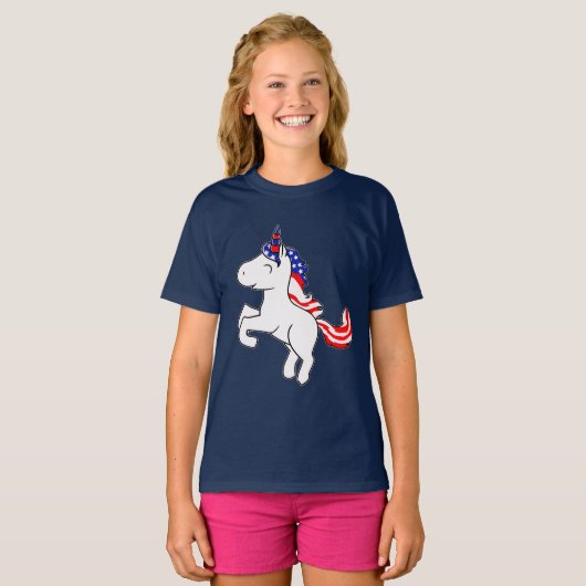 Unicorn Grey Patriotic USA Flag Cartoon Girls T-Shirt (Vorne ganz)